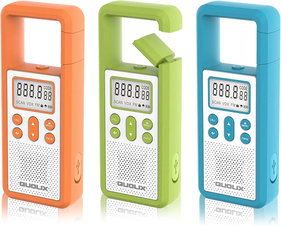 Rechargeable Walkie Talkie for Long Range 3 Pack,with FM/NOAA, Weather Alert, LED Flashlight,Hook Design,Volume Adjustment, Ldeal for Survival Biking Hiking Camping (Blue Green Orange)