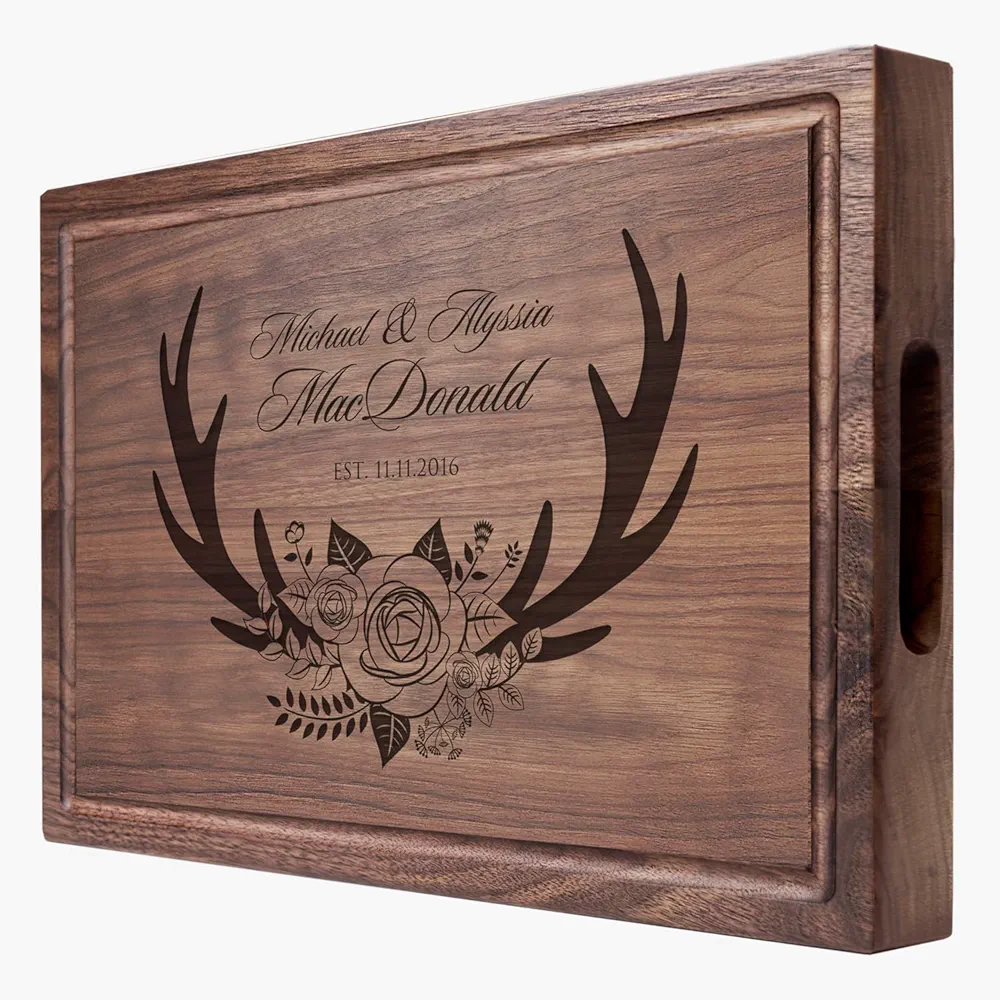 Straga USA Handmade XL Chopping Block Personalized Antler Design #412-Wedding Gift for Couples-Housewarming & New Home Closing Present- Appreciation-Award-Gift for Parents-Wife-Husband