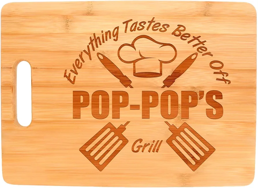 Laser Engraved Cutting Board Everything Tastes Better Off Pop-Pop's Grill Gifts for Grandpa Grilling Gifts for Chefs Pop-Pop Birthday Gift Big Rectangle Bamboo Cutting Board