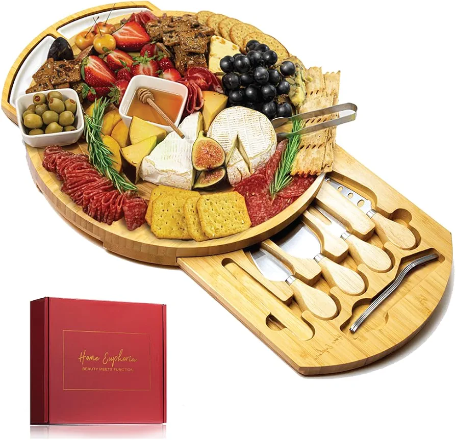 Round Cheese and Charcuterie Board Set - 13", Round Charcuterie Board, Bamboo Cheese Board and Knife Set, Beautiful Charcuterie Gift for Mom, Round Cheese Board Set, Circle Charcuterie Board Round