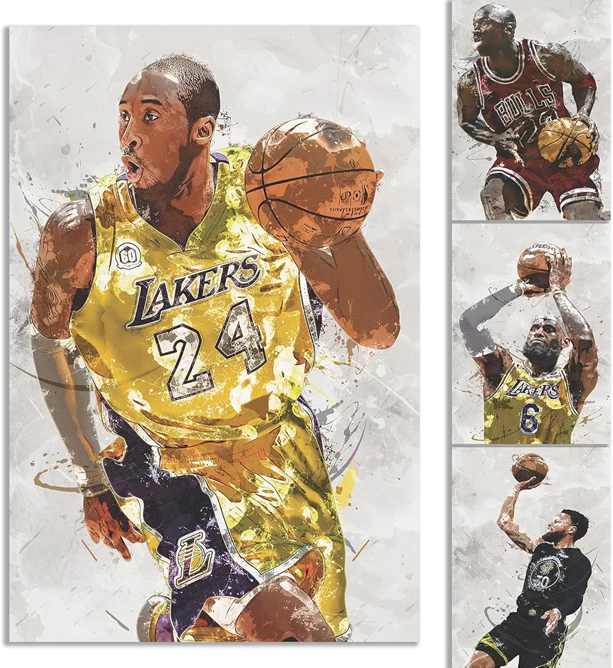 BAOGELI Kobe Poster Bryant, LeBron, Stephen Curry Basketball Canvas Posters Wall Art Prints Gifts for Boys and Girls Living Room Bedroom Decor (Unframed: 8x12inch-4pcs)