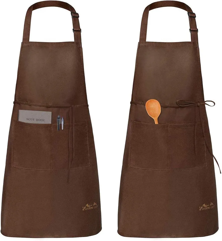 Viedouce 2 Packs Aprons Cooking Kitchen Waterproof,Adjustable Chef Apron with 2 Pockets for Home,Restaurant,Craft,Garden,BBQ,School,Coffee House,Apron for Men Women,Brown.