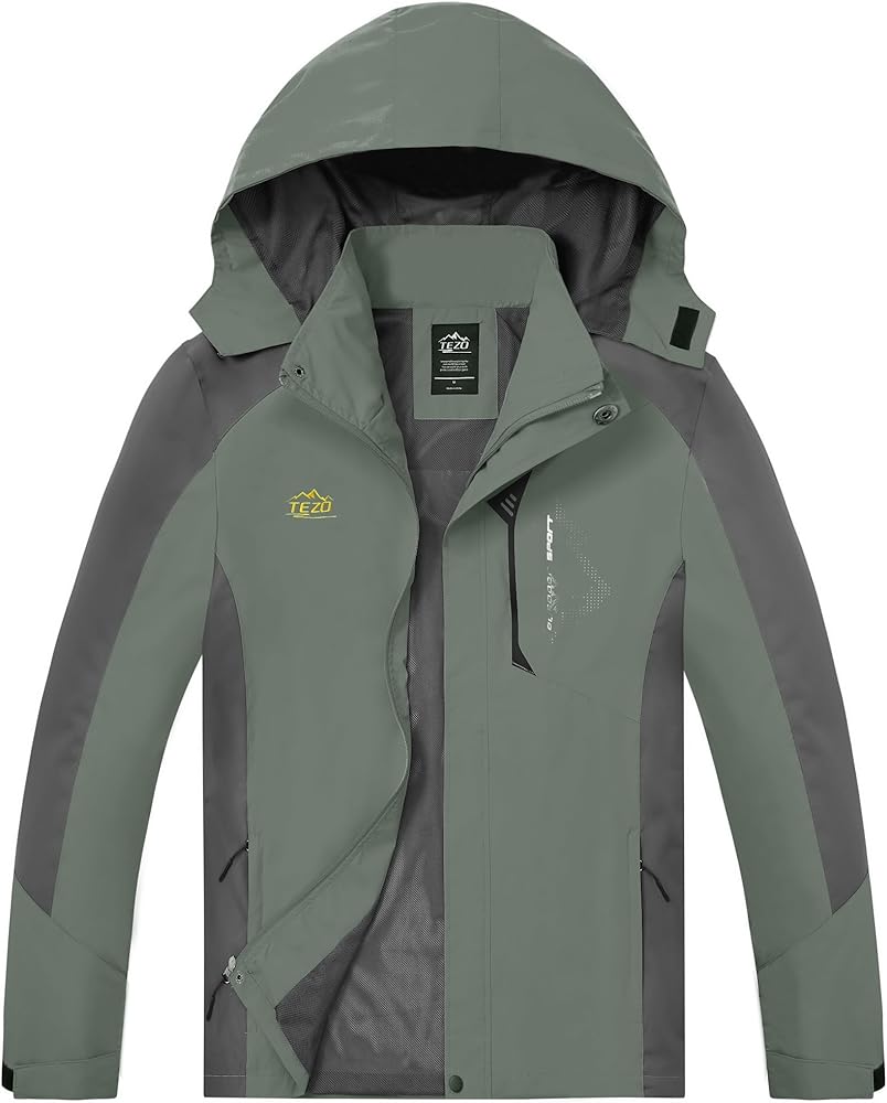 TEZO Mens Rain Jacket Waterproof with Hooded Hiking Coat Lightweight Windbreaker
