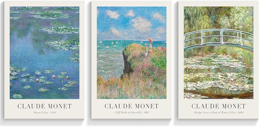 NONPAI Vintage Claude Monet Poster Famous Water Lilies Canvas Wall Art Cliff Walk At Pourville Print Painting Botanical Floral Pictures Wall Decor for Living Room Bedroom 3 Set 12x16in Unframed