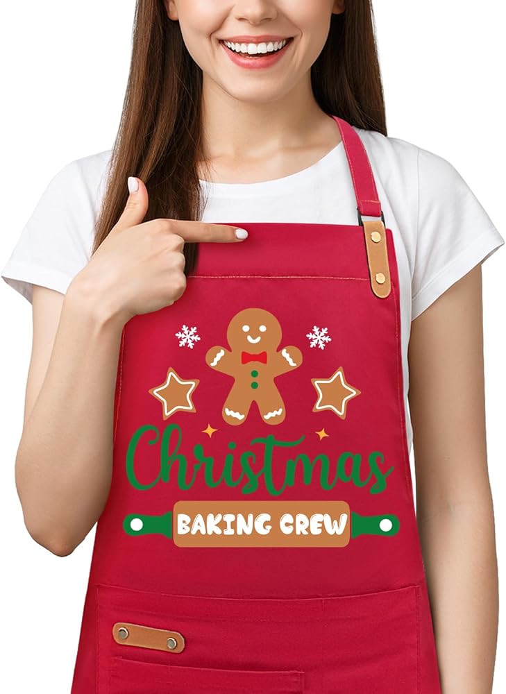 Christmas Baking Apron for Women Men with 2 Pockets, Adjustable Kitchen Cooking Aprons, Cute Funny Xmas Aprons Gifts for Bakers Mom Wife Husband, Christmas Baking Crew