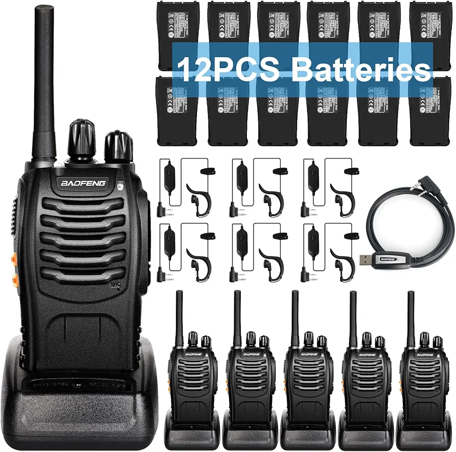 BAOFENG Walkie Talkies for Adults Long Range Rechargeable Walkie-Talkie with 12PCS Batteries & Earpieces with Mic, Portable FRS Two Way Radios for Business Camping Family Kids, Black BF-88A 6Pack
