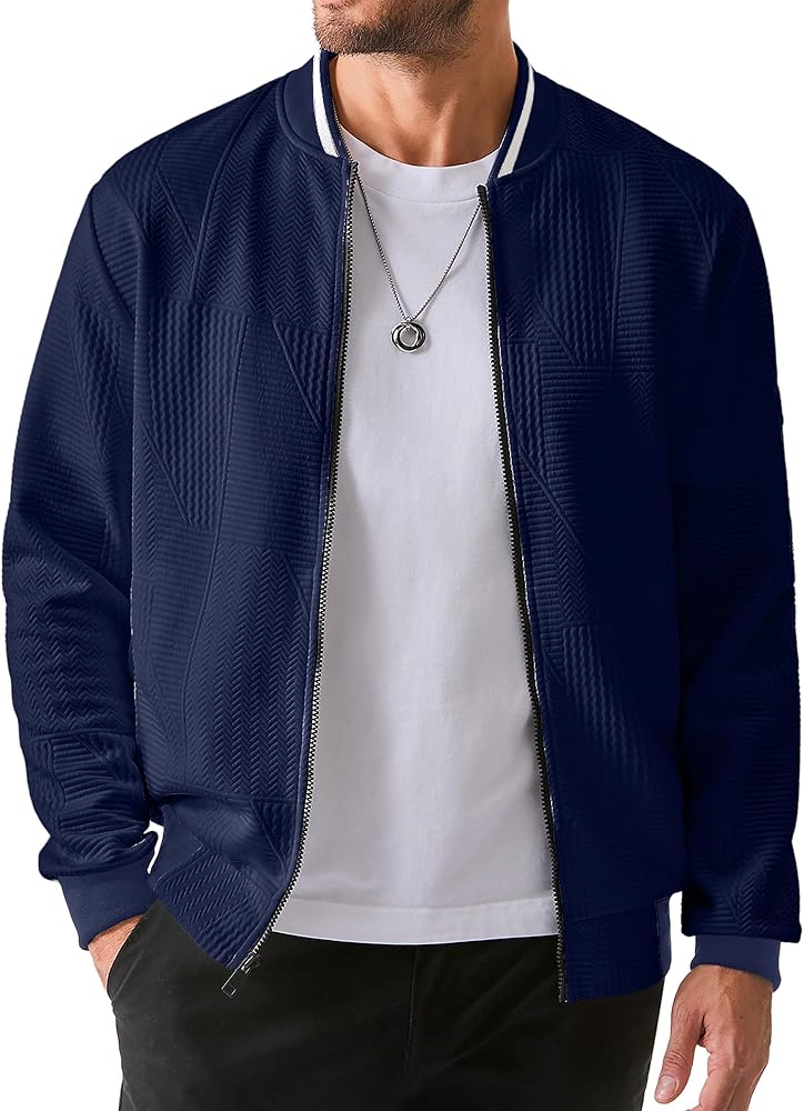 JMIERR Mens Casual Jacquard Bomber Jackets Color-Block Lightweight Varsity Jacket Fashion Zipper Coat with Pockets
