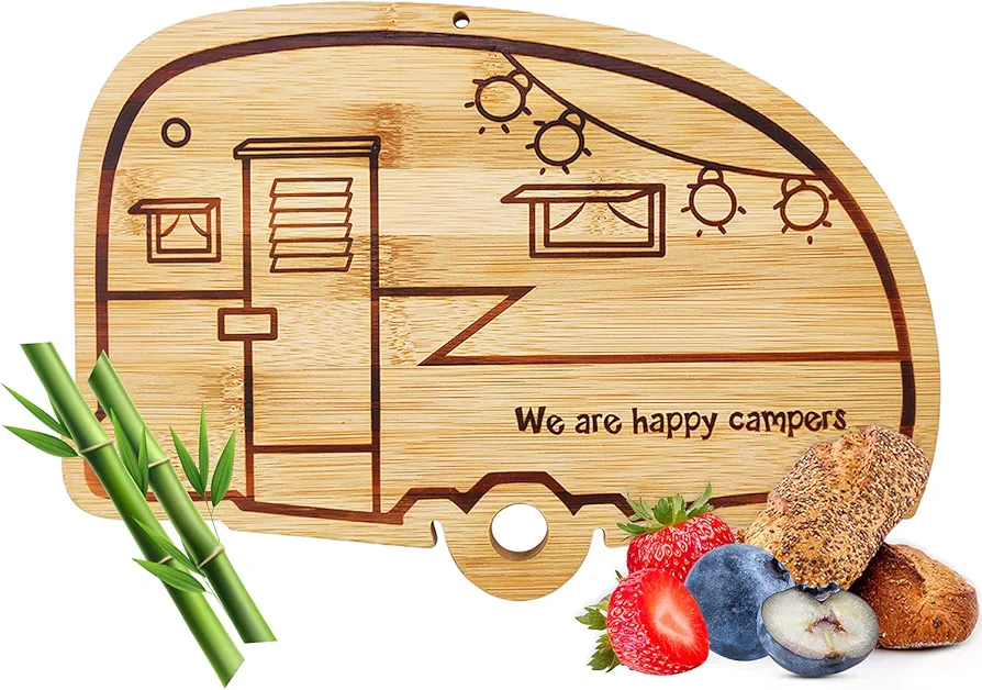 Happy Camper Bamboo Cutting Board,Retro RV Engraved Camping Cutting Board, Camper Decor RV Gift for Couple,Camping,Housewarming&Party Small