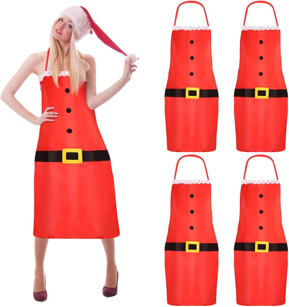 Patelai 4 Pieces Red Christmas Aprons for Women Men Christmas Holiday Kitchen Cooking Apron Santa Claus Belt Apron Christmas Party Chef Cooking Baking Apron for House Cleaning Gardening
