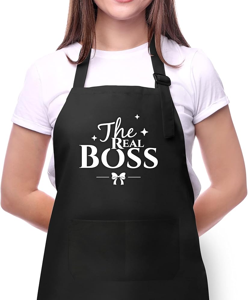 Funny Cooking Aprons for Women,The Real Boss Apron with Pockets,Gifts for Friends Sister,Cute Birthday Mother's Day Christmas Kitchen Gifts for Mom Wife Grandma-Black