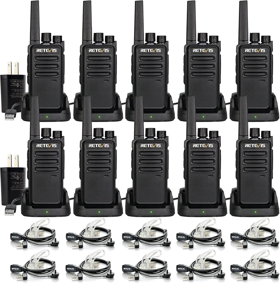 Retevis RT68 Two-Way Radios Long Range, Walkie Talkies for Adults, 2 Way Radio with Earpiece, Walkie Talkie Rechargeable with Charging Base, for Manufacturing Restaurant Business School(10 Pack)