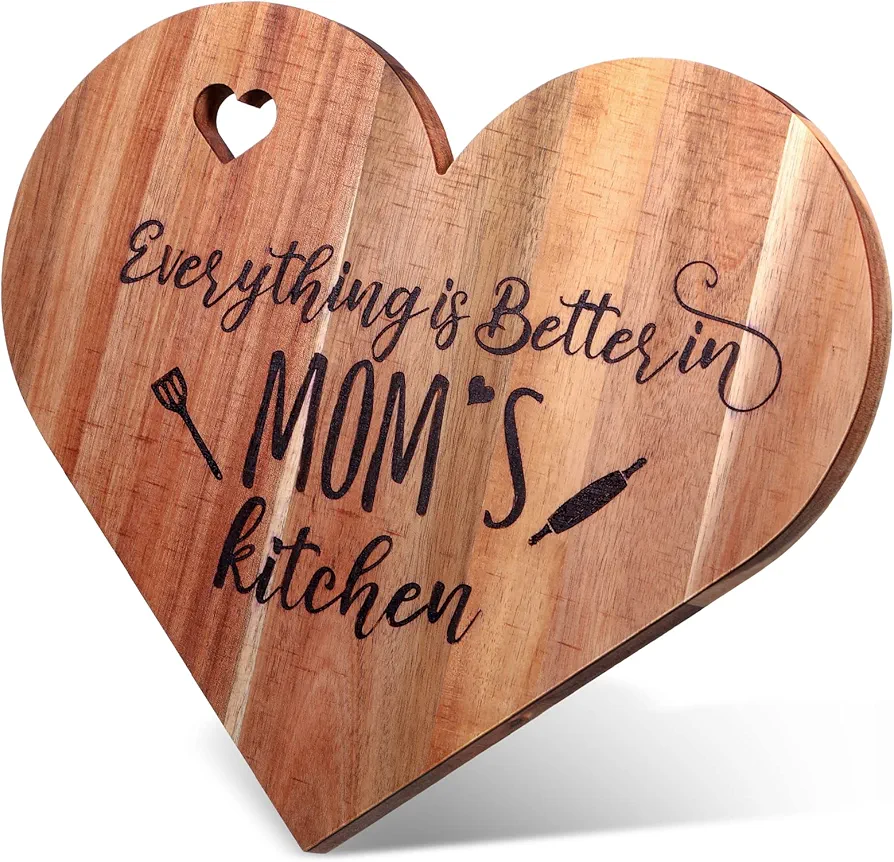Lallisa Mom Cutting Board Heart Shaped Cutting Board Acacia Serving Cutting Wooden Charcuterie Cheese Board for Kitchen Birthday Christmas Gifts, 12 x 10 x 0.6 Inch