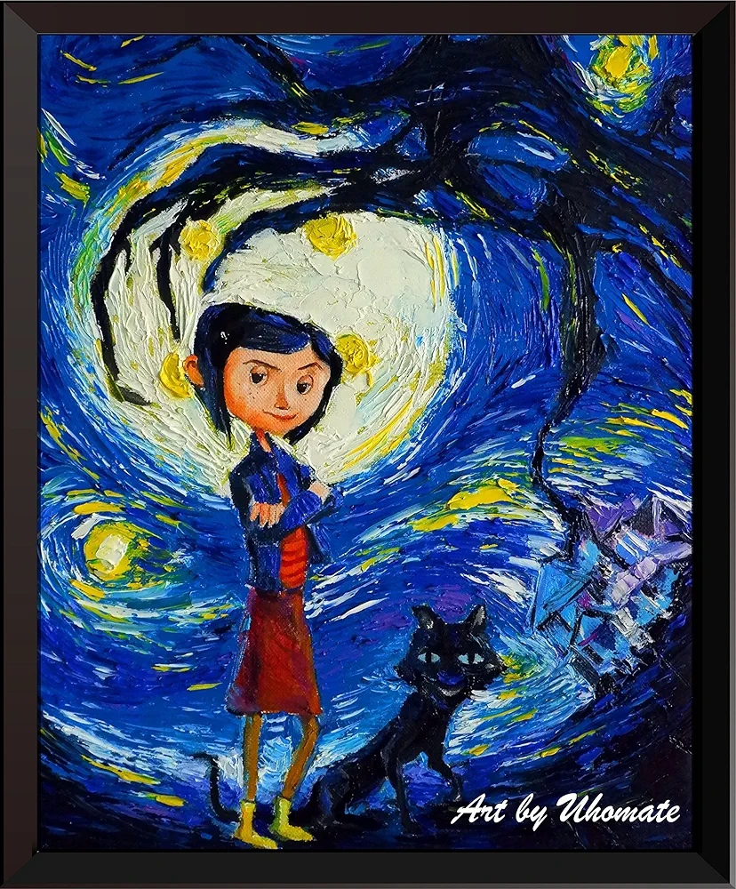 Uhomate Coraline and Cat Vincent Van Gogh Starry Night Posters Home Canvas Wall Art Print Poster Baby Gift Nursery Decor Living Room Wall Decor A130 (13X19)