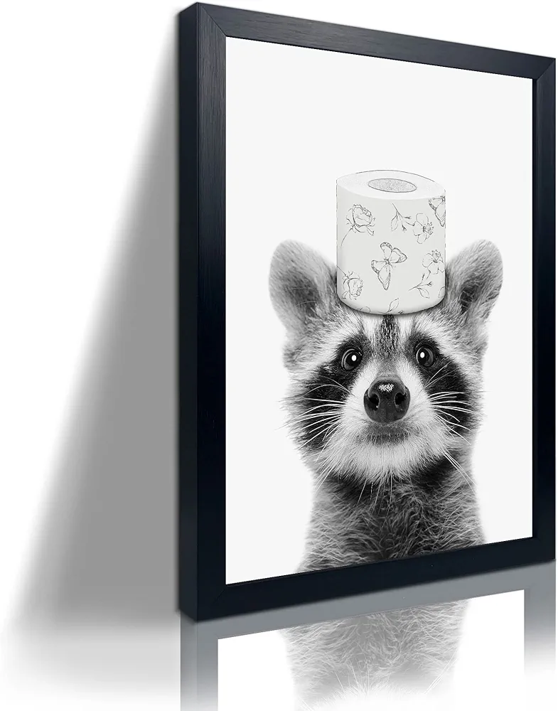 Funny Raccoon Framed Wall Art in Toilet - Black and White Toilet Paper Raccoon, Canvas Wall Art Prints Farmhouse Bathroom Decor,Humor Animals Bathroom Painting, Canvas Rustic Style Artwork(8"x10",