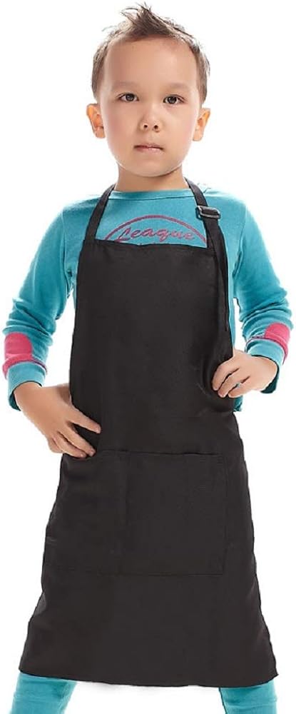 Kid Apron Adjustable Strap with 2 Pockets Painting Cooking Craft Backing Unisex Age 8-12(Black)