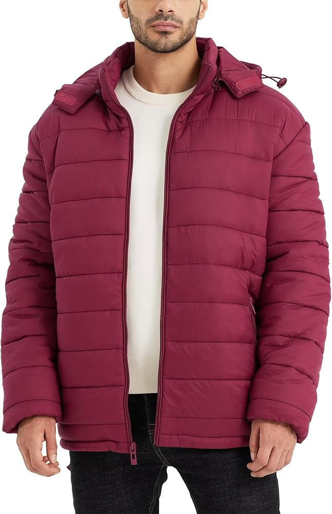 BEST SOUTH Men's Winter Puffer Jacket Hooded Puffy Fleece Warm Lightweight Coat Outerwear Cold Weather