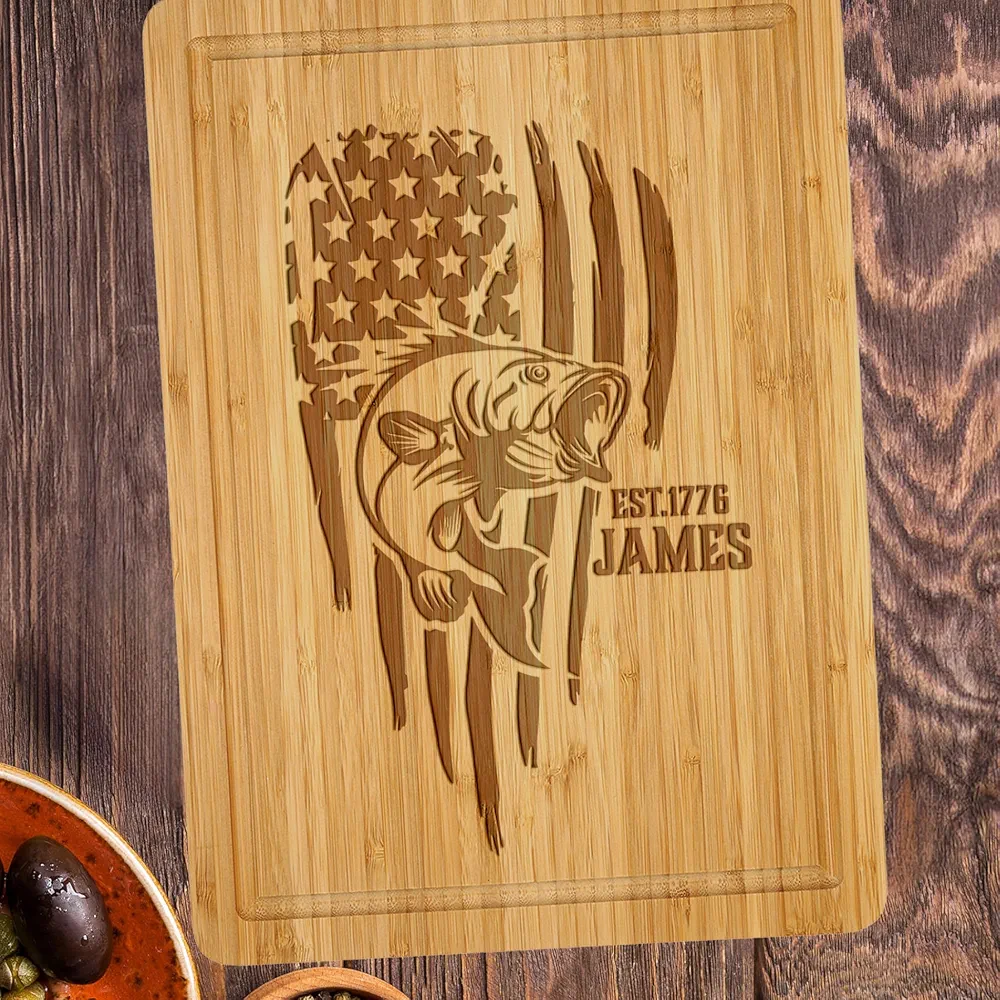 American Flag Personalized Charcuterie Boards, Fisher Dad Engraved Custom Cutting Boards for Kitchen, Fishing BBQ Grilling Customized Chopping Board