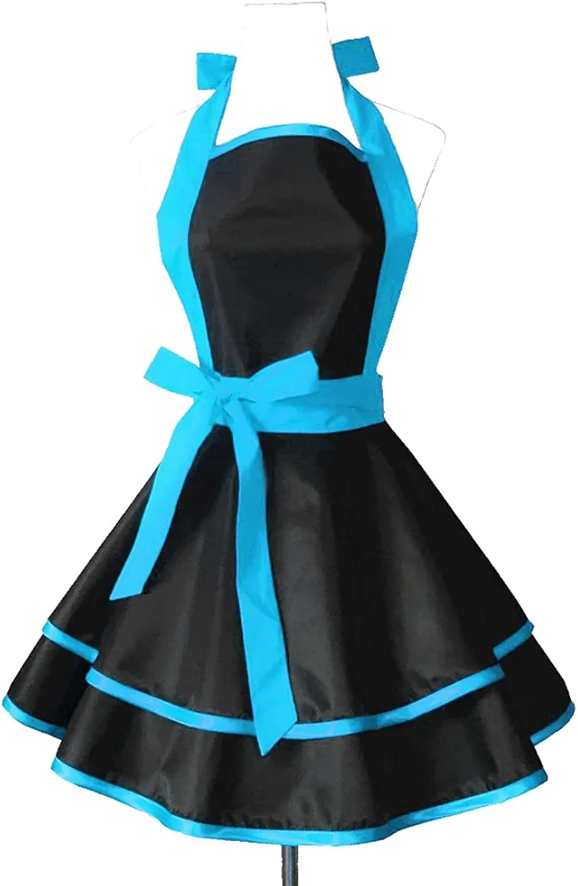 Hyzrz Lovely Handmade Cotton Retro Black Aprons for Women Girls Cake Kitchen Cook Apron for Mother's Gift (Blue)