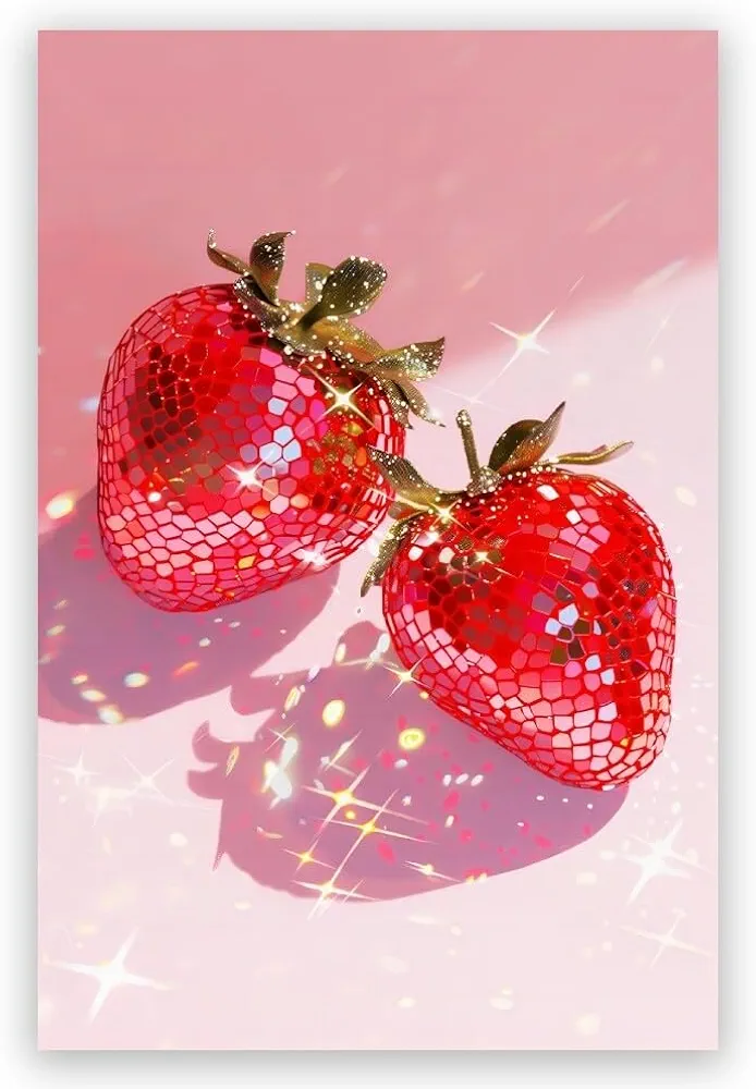 XyonicVizr Pink Strawberries Disco Wall Art Print Glam Disco Ball Red Strawberries Canvas Preppy Trendy Dorm Room Decor Aesthetic Poste for Girly Bedroom Bar Cart Kitchen Decor 16x24inch Unframed