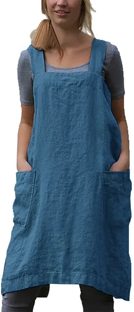 VLZUFE Cotton Linen Apron for women Cross Back Apron Pinafore Dress for Baking Cooking Gardening Work