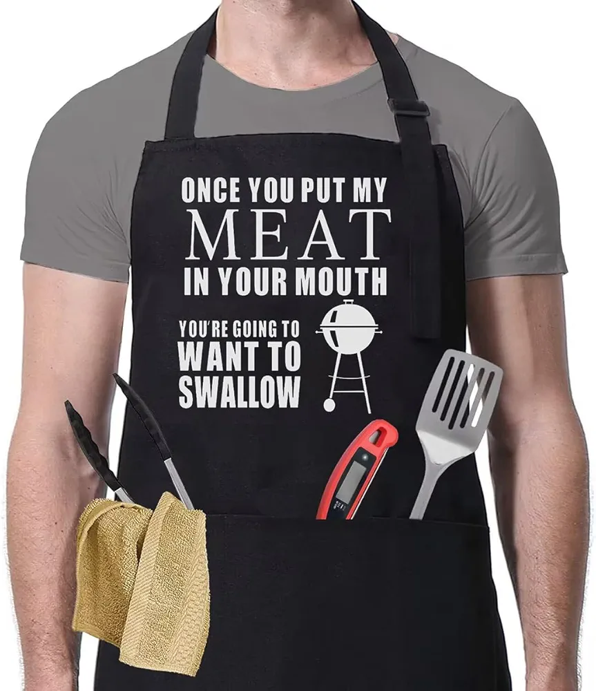 Funny Grilling Apron for Men - Meat Your Mouth - One Size Fits All - Kitchen Cooking Barbecue Apron with 3 Large Pockets for Dad, Husband, Boyfriend - Black Mens Outdoor BBQ Apron