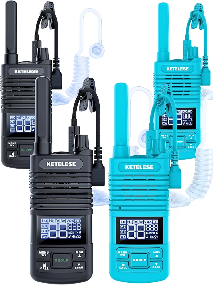 Walkie Talkies Long Range with Acoustic Tube Earpiece, Portable USB Type C FRS Two Way Radios, Rechargeable Walky Talky for Adults, NOAA, VOX for School Restaurant Church (4 Pack)