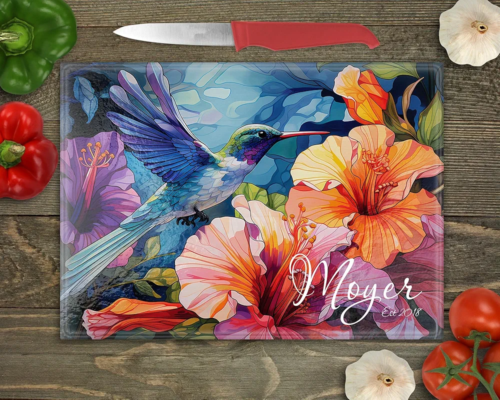 Hummingbird Stained Glass Look Personalized Glass Cutting Board