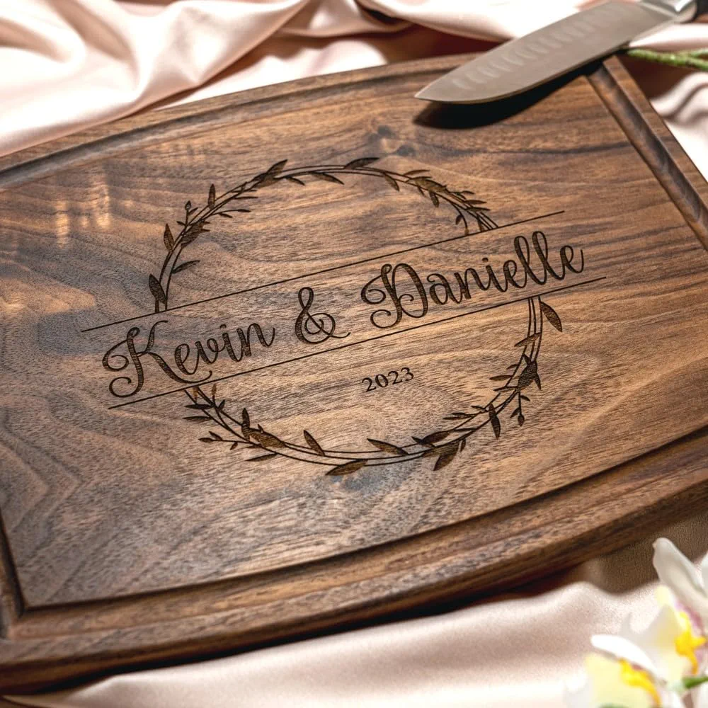 Personalized Cutting Board, Custom Wedding, Anniversary or Housewarming Gift Idea, Wood Engraved Charcuterie, for Couples and Friends, Classic Wreath Design 040