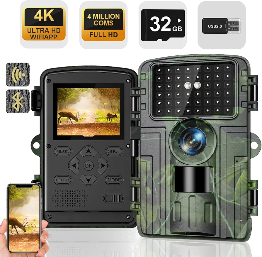 Trail Camera - 4K 60MP Game Camera with Night Vision, 0.05s Trigger Motion Activated Hunting Camera, IP66 Waterproof (Green)