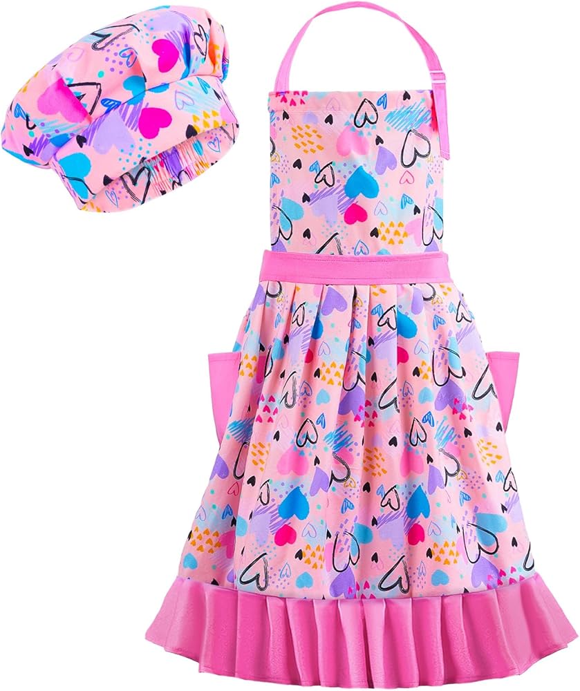 MHJY Kids Apron Hat Set for Girls Vintage Pleated Skirt Aprons with Adjustable Strap Pockets for Baking Cooking 8-12 Years
