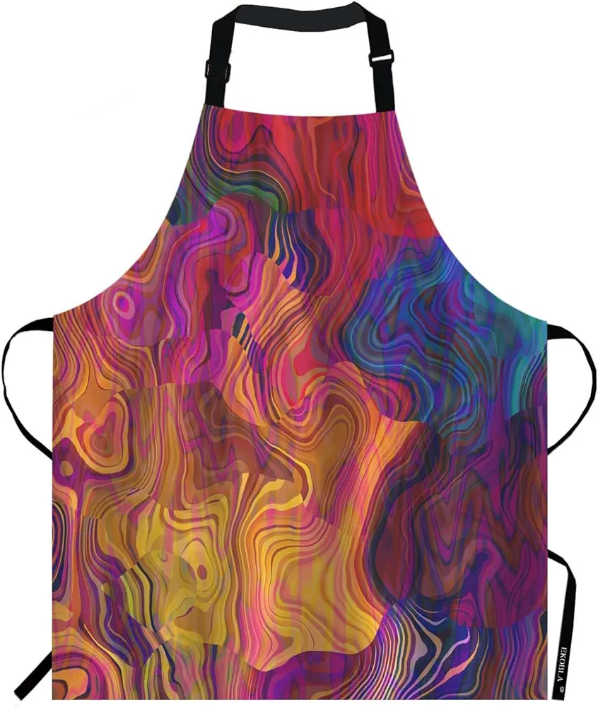 EKOBLA Color Aprons Abstract Purple Pink Red Orange Golden Blue Chaotic Waves Colorful Rainbow Waterproof Resistant Chef Cooking Kitchen BBQ Adjustable Aprons for Women Men 27x31 Inch