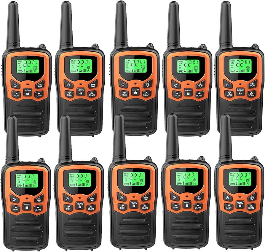 Walkie Talkies, MOICO Long Range Walkie Talkies for Adults with 22 FRS Channels, Family Walkie Talkie with LED Flashlight VOX LCD Display for Hiking Camping Trip (Orange 10 Pack)