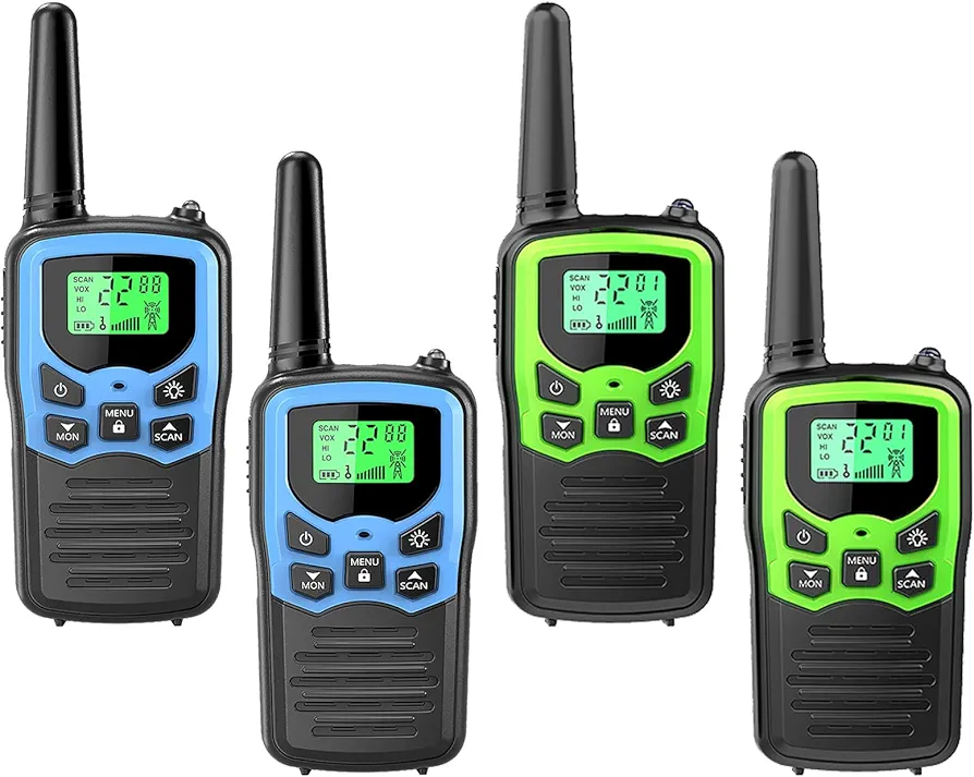 Walkie Talkies, MOICO Long Range Walkie Talkies for Adults with 22 FRS Channels, Family Walkie Talkie with LED Flashlight VOX LCD Display for Hiking Camping Trip (2Blue & 2Green)