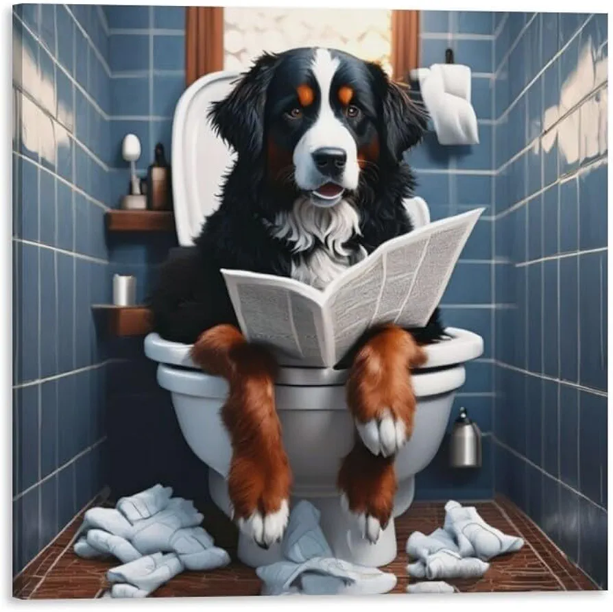 TcnBzydkij Square Canvas Bathroom Decor Bernese Mountain Dog Wall Decor Poster Animals Reading Newspaper Theme Bathroom Wall Art Print Toilet Wall Decor Home Gift 12x12inch Framed, style-5