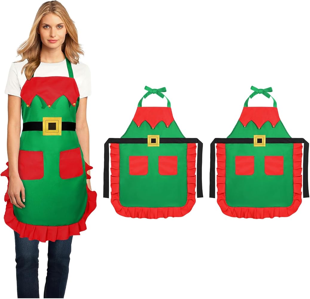 Christmas Apron, Christmas Santa Claus Apron with 2 Pockets, Kitchen Cooking Apron, One Size Fits Most