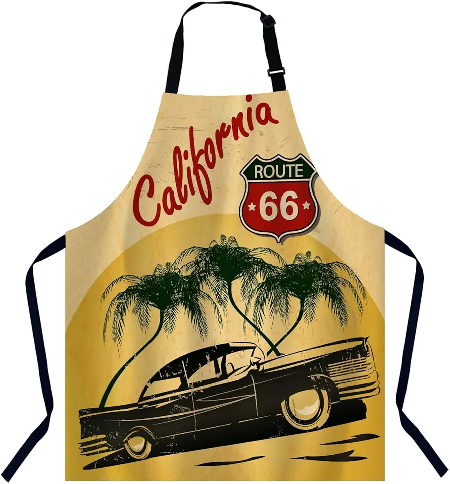 California Retro Route 66 Apron for Women Men, Adjustable Apron Cooking Kitchen Chef Apron for Home Kitchen, Baking Gardening BBQ, Coffee House, Restaurant
