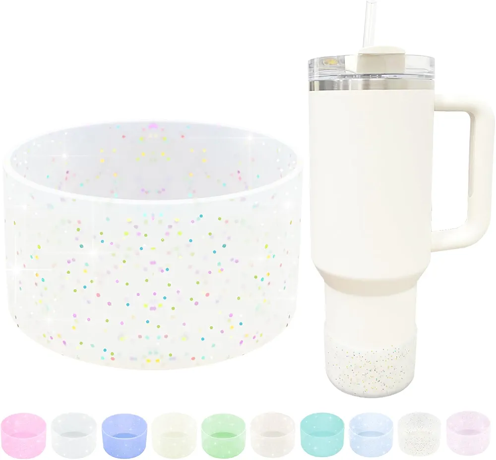 WORBSS Glitter Silicone Boot Sleeve for Stanley Cup H2.0 Tumbler 20 30 40oz & Hydro Flask 18-24oz with 2.85-3.0 inch Protective Anti-Slip Bottom Cover Bumper Accessories for Water Sport Bottles