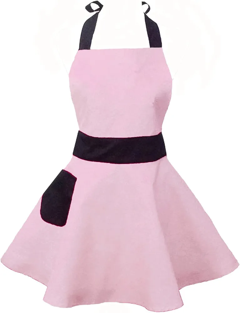 Hyzrz Lovely Cute Retro Aprons for Woman Girl Cotton Kitchen Cooking Salon Pinafore Vintage Apron Dress (Pink)