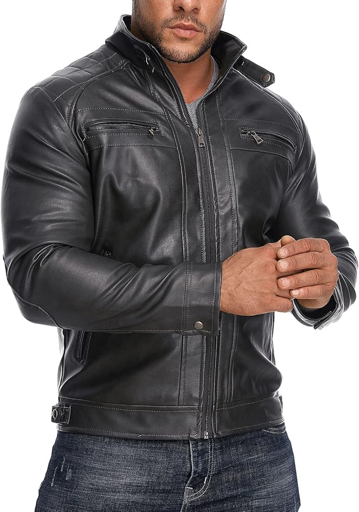 HOOD CREW Men’s Stand Collar Leather Jacket Casual Faux Leather Motorcycle Jacket Outerwear Coat with Zipper Pockets