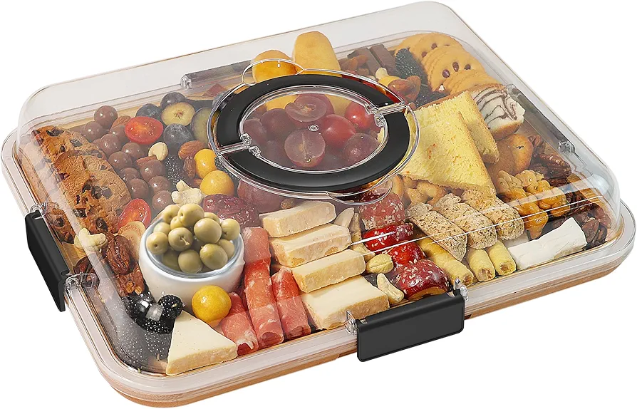 Charcuterie Board with Clear Lid, Travel Portable Cheese Board Charcuterie Boxes Cutting Boards for Kitchen, House Warming Gifts New Home, Gifts for Women (6 Compartments Black)
