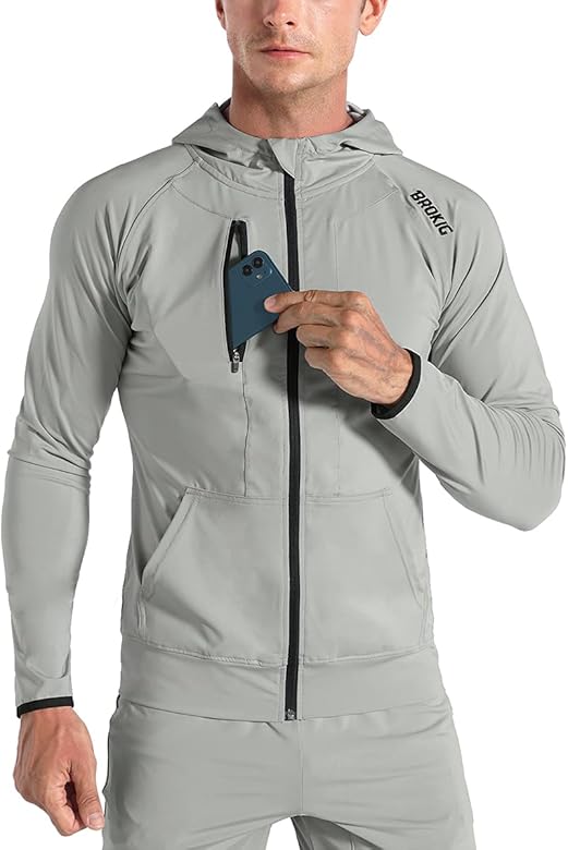 BROKIG Mens WindBreak Lightweight Running Jackets with Zip Pocket, Workout Track Hoodie Athletic Gym Sweatshirts Men