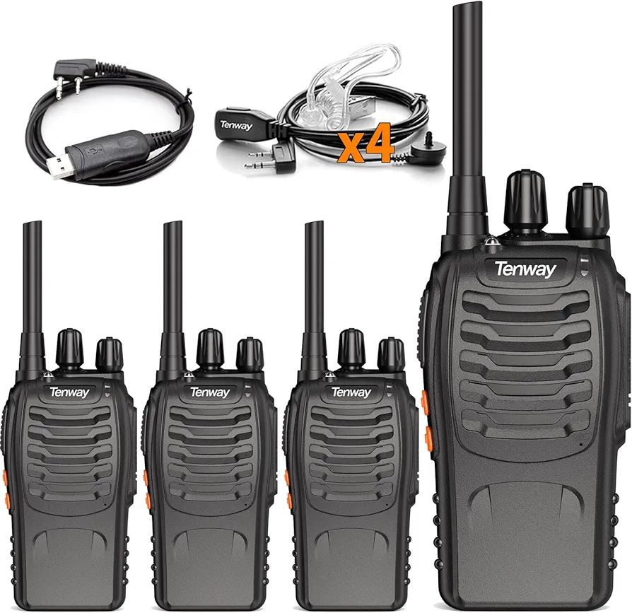 Walkie Talkies for Adults 16 FRS Channels Free Licence Long Range Rechargeable Family Two Way Radio with Security MIC Earpiece and LED Flashlight VOX for Hiking Camping Trip (4 Pack)