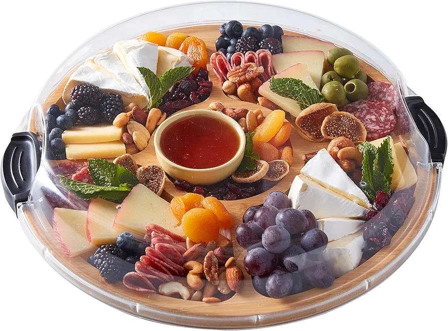 Farberware Build-a-Board Cutting Board with Five Compartments and Clear Locking Lid for Charcuterie, Snacks, and More-Make it. Take it. Enjoy it, 14-Inch Round, Bamboo