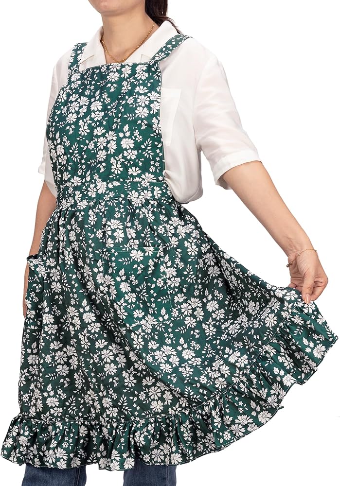 NEOVIVA Apron Dress for Women with Pockets, Cute Floral Chef Aprons for Kitchen, Vintage Pinafore Apron for Baking, Cooking
