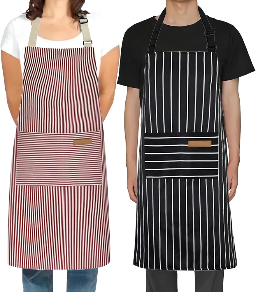 2 Pack Adjustable Kitchen Cooking Aprons, Stripes Aprons with 2 Pockets for Men Women Chef
