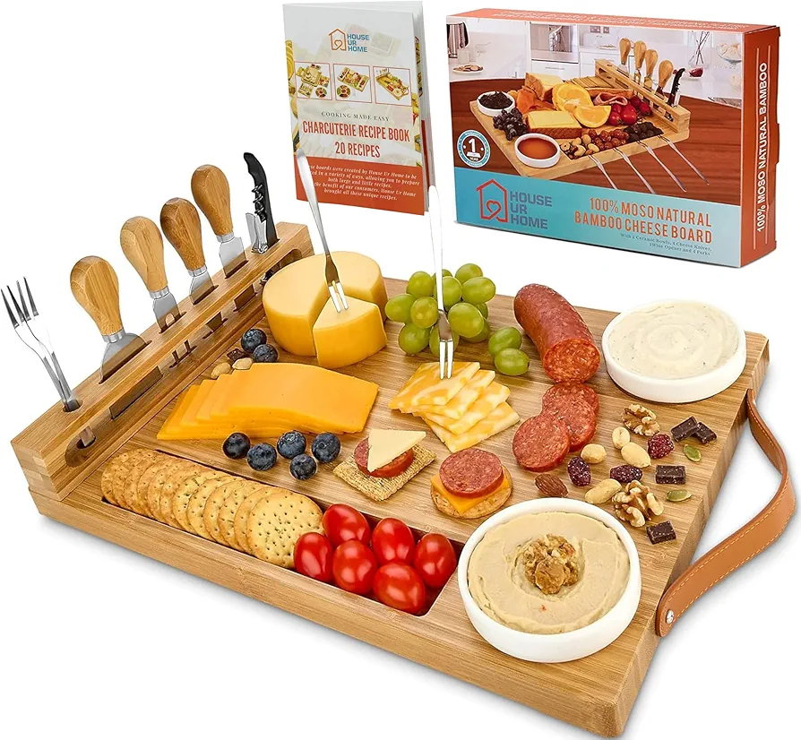 Charcuterie Boards with Handles - Bamboo Cheese Board with Knife Set, Wine Opener, Ceramic Bowls & Forks - Magnetic Utensils Holder, Gift for Housewarming, Weddings & Anniversaries + Recipe Book