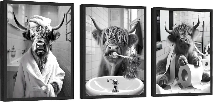 LNLAGBO Funny Highland Cow Bathroom Wall Art Prints,Black and White Highland Cow Decor Bathroom Wall Art,Rustic Farmhouse Style Cow in Toilet Print for Bathroom Home Decor Set of 3(11"X14"Unframed)
