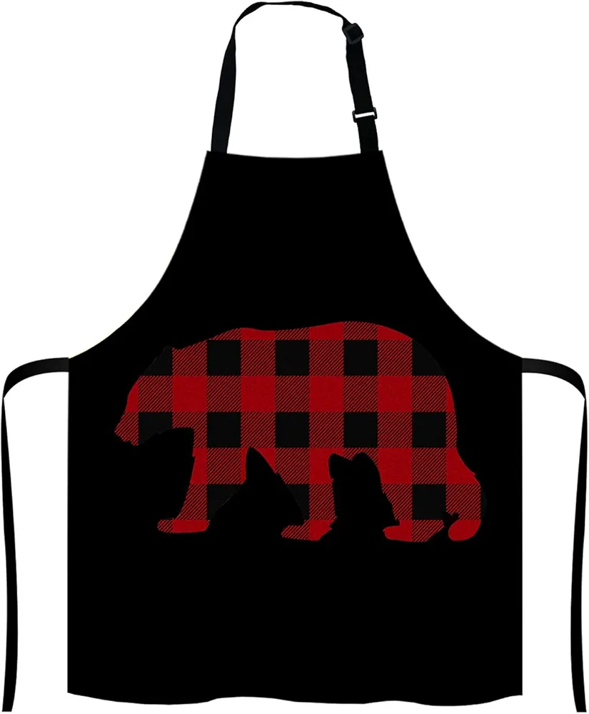 Black and Red Buffalo Plaids Bear Bib Apron with Adjustable Neck for Men Women,Suitable for Home Kitchen Cooking Waitress Chef Grill Bistro Baking Apron