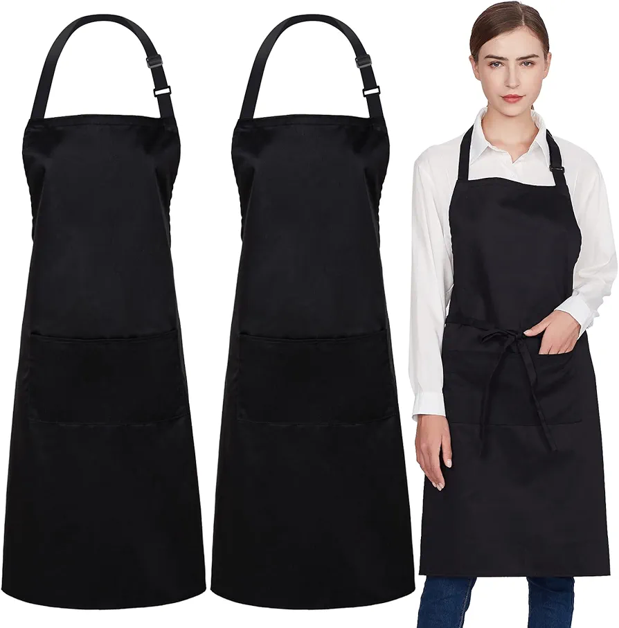 Jubatus 2 Pack 100% Cotton Aprons with 2 Pockets Cooking Chef Kitchen Adjustable Bib Apron for Women Men, Black