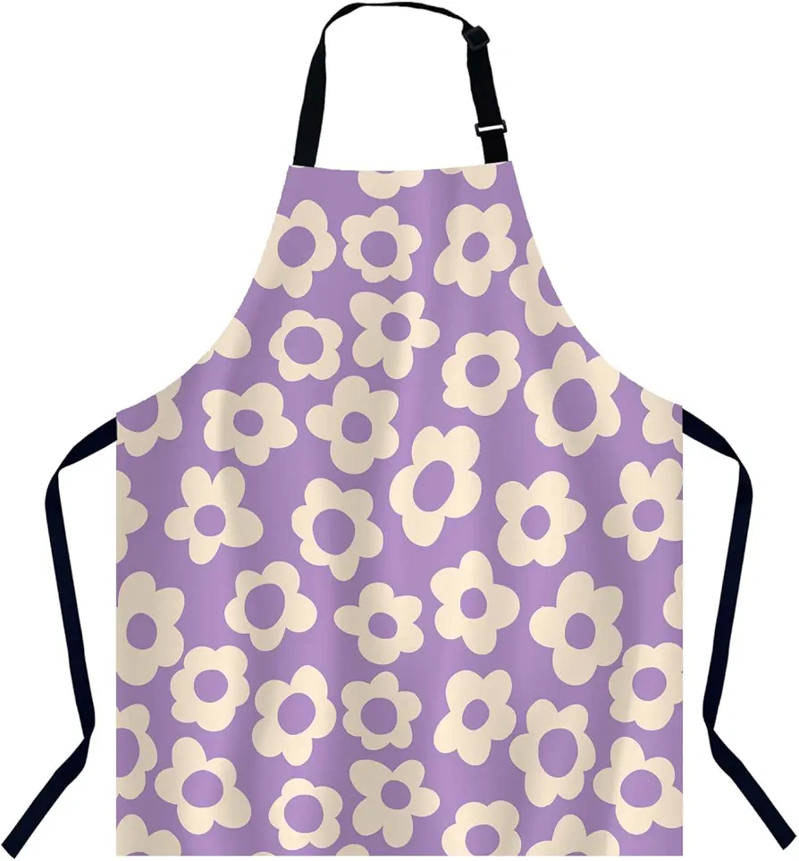 Vintage Groovy Purple Flowers Apron Adjustable Neck Bib Apron for Men Women,Suitable for Kitchen Cooking Waitress Chef Apron